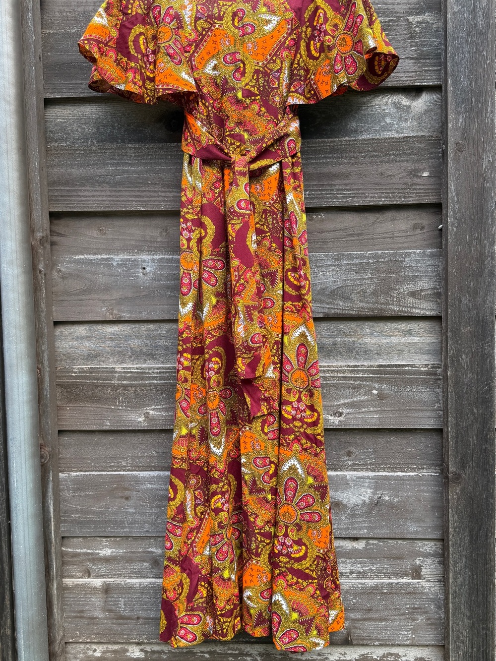 Vintage 70s Paisley Orange Batwing Sleeve Empire Waist Maxi Dress S/M - Picture 7 of 7